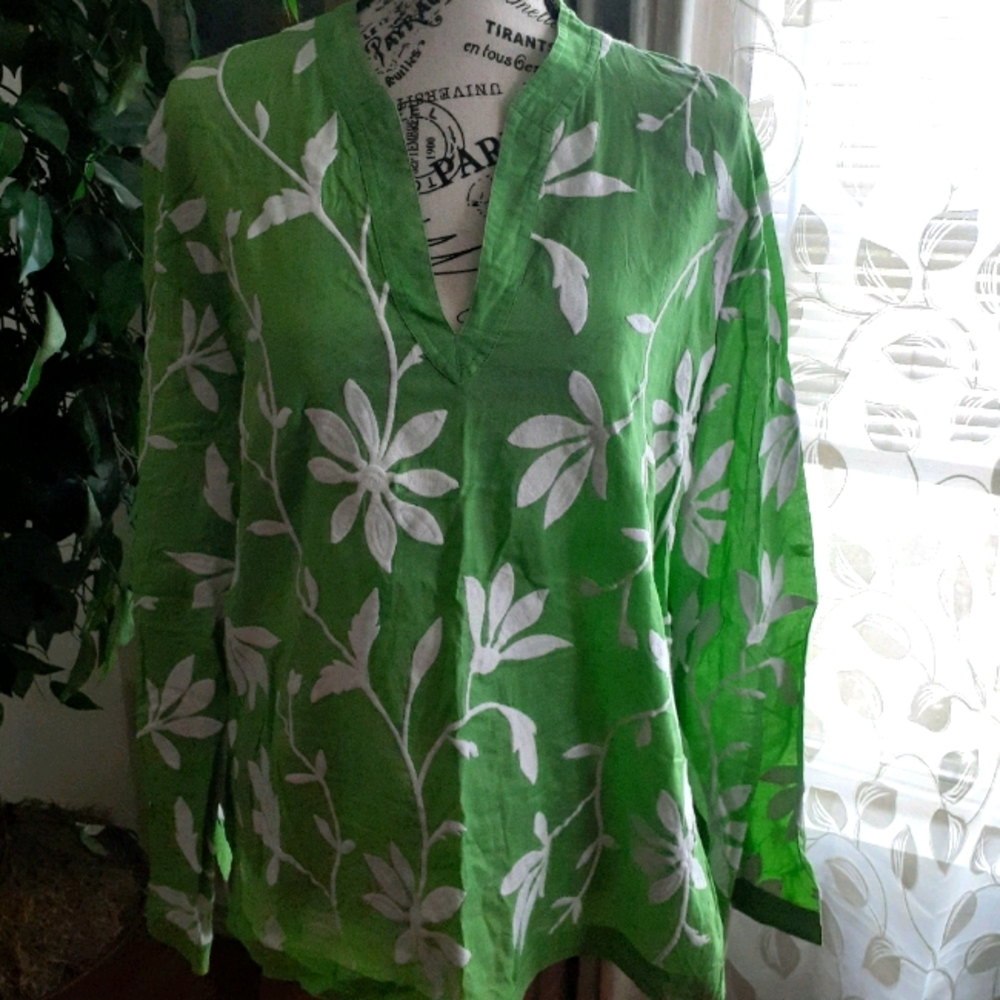 Talbots Green & White Floral Embroidered Tunic